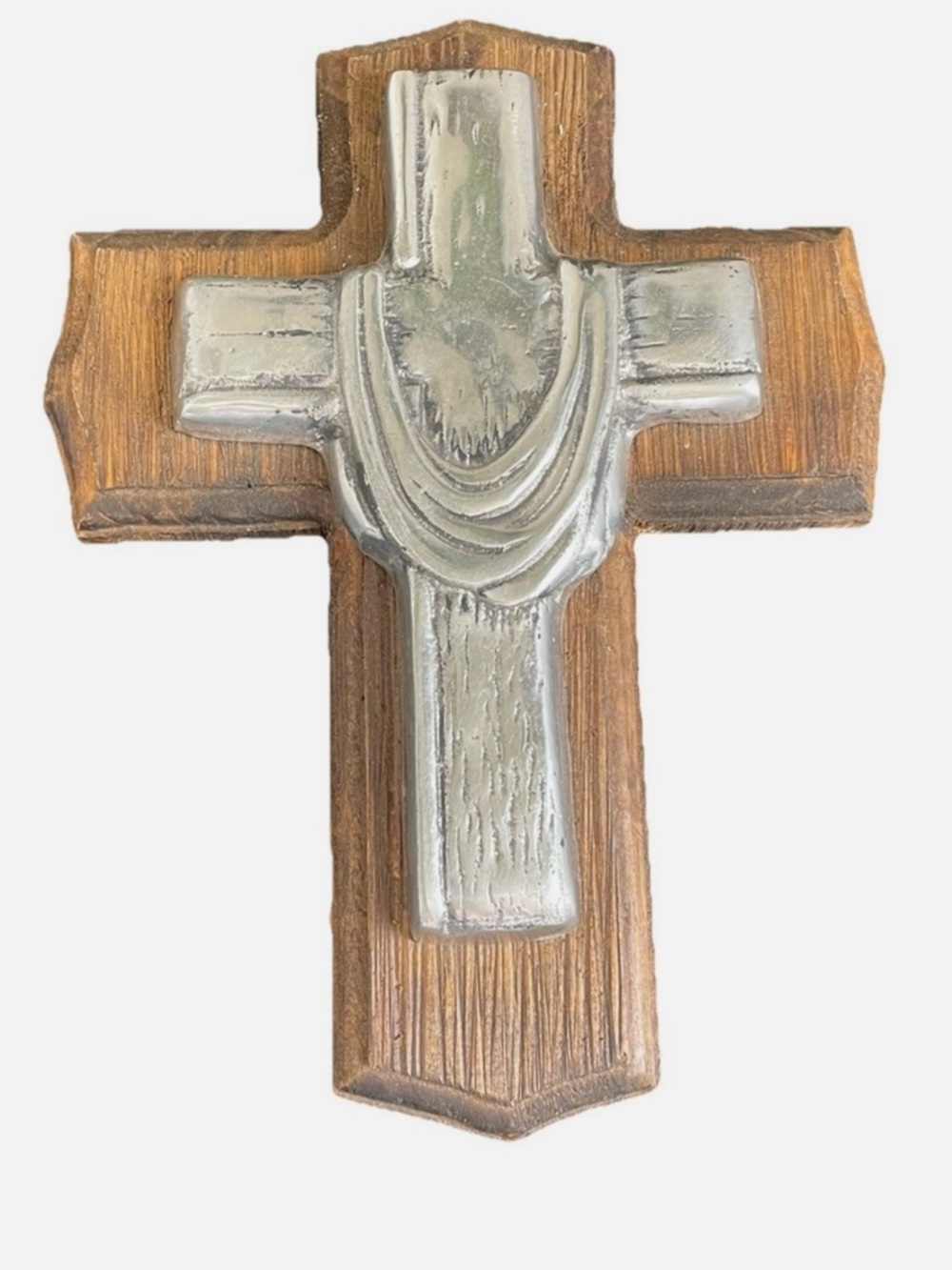 Vintage Wooden And Silver Metal Cross Handmade Wall Hanging Chile